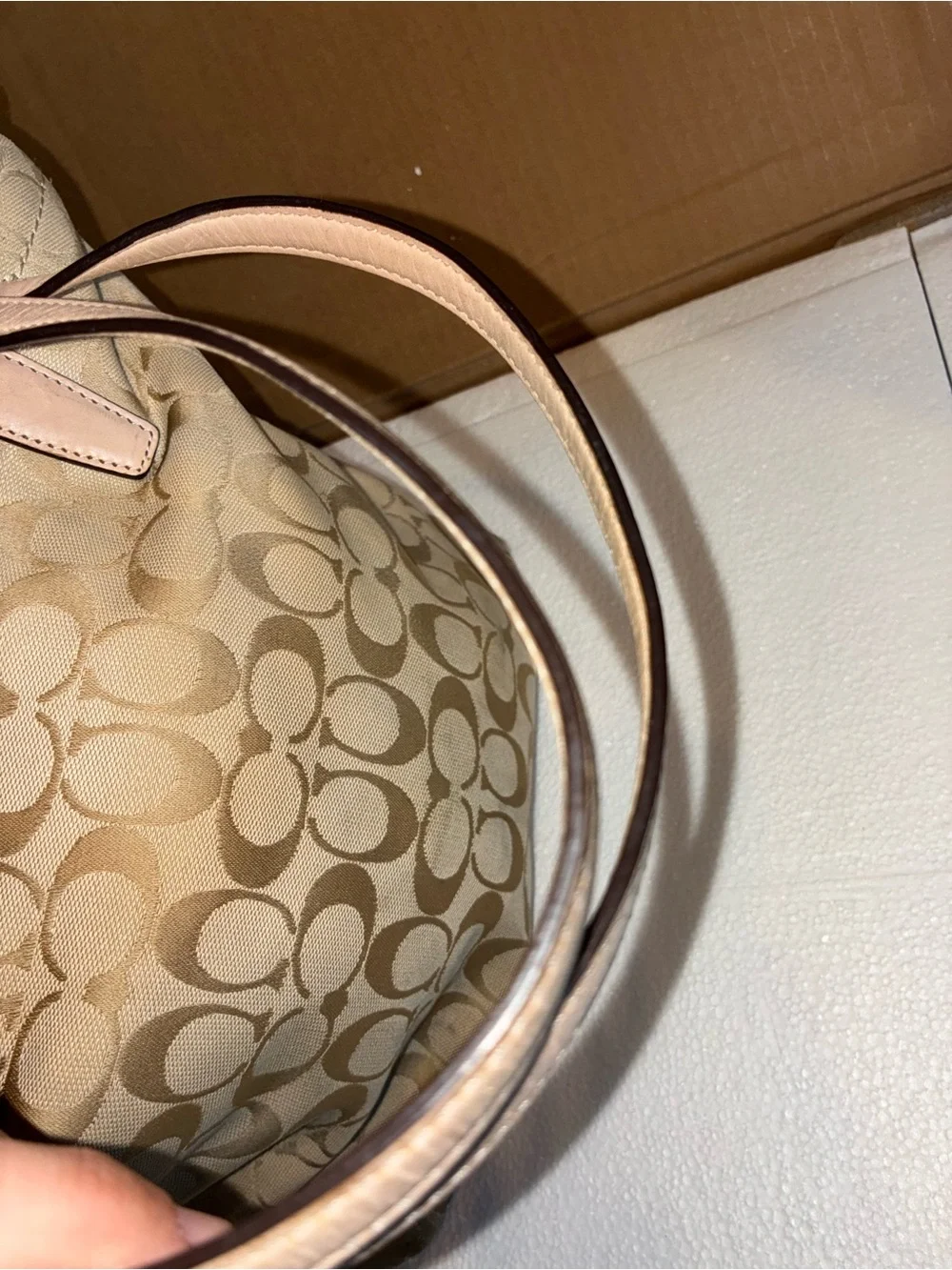 COACH Beige Signature Tote with Teal Center Stripe.